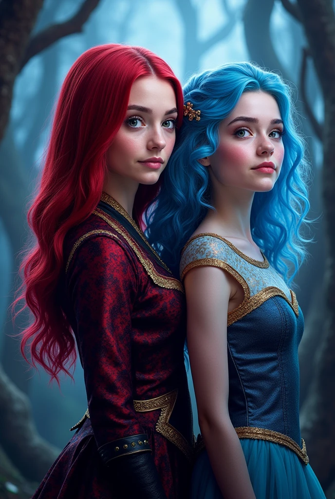 In the new Descendants movie, has two protagonists. Red, the daughter of the queen of hearts and Chloe, Cinderella&#39;s daughter. make a cover with them, exactly as portrayed in the film, of the clothes, between the hair and details contained in the character. Chloe has curly, light blue hair., already Red, straight red hair