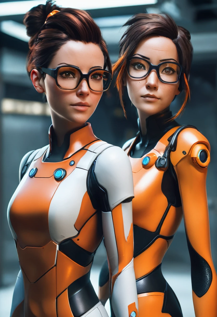 A close-up of a woman in an orange jumpsuit and glasses, Tracer in a tight dress., Gordon Freeman as a woman, chell, extremely detailed artegerm, rendering in sfm, chell of the portal, ig model | artegerm, The character is in his natural pose., style artegerm, 3d realistic anime style., Velma
