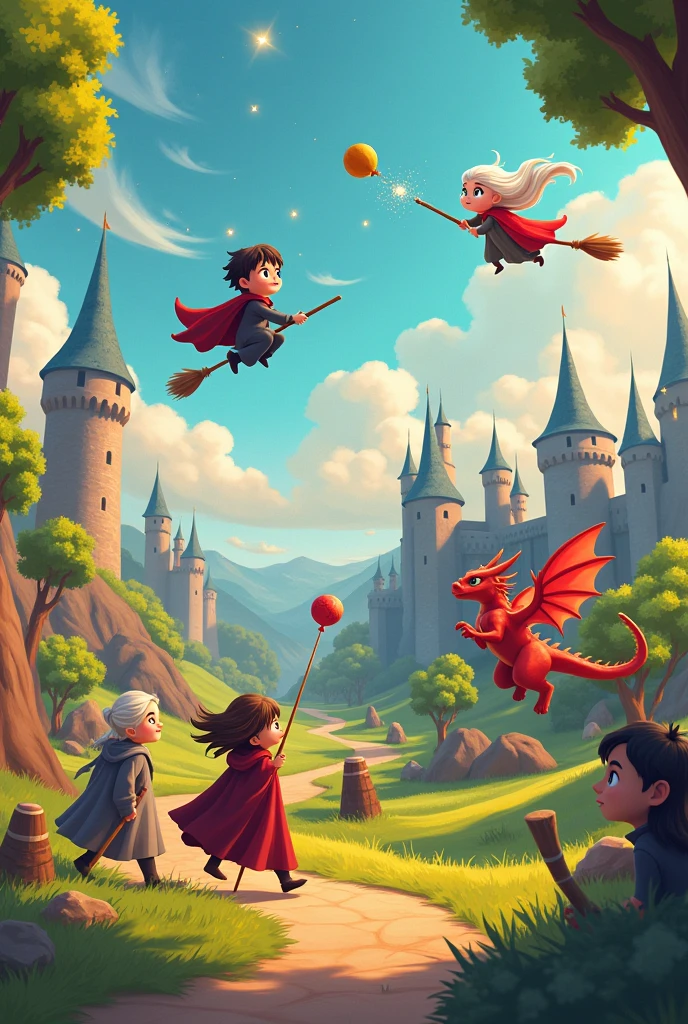 Mural con Harry Potter, Gandaf from Lord of the Rings and Drogon, Daenerys from game of thrones animated to draw kawaii, in a quidditch tournament