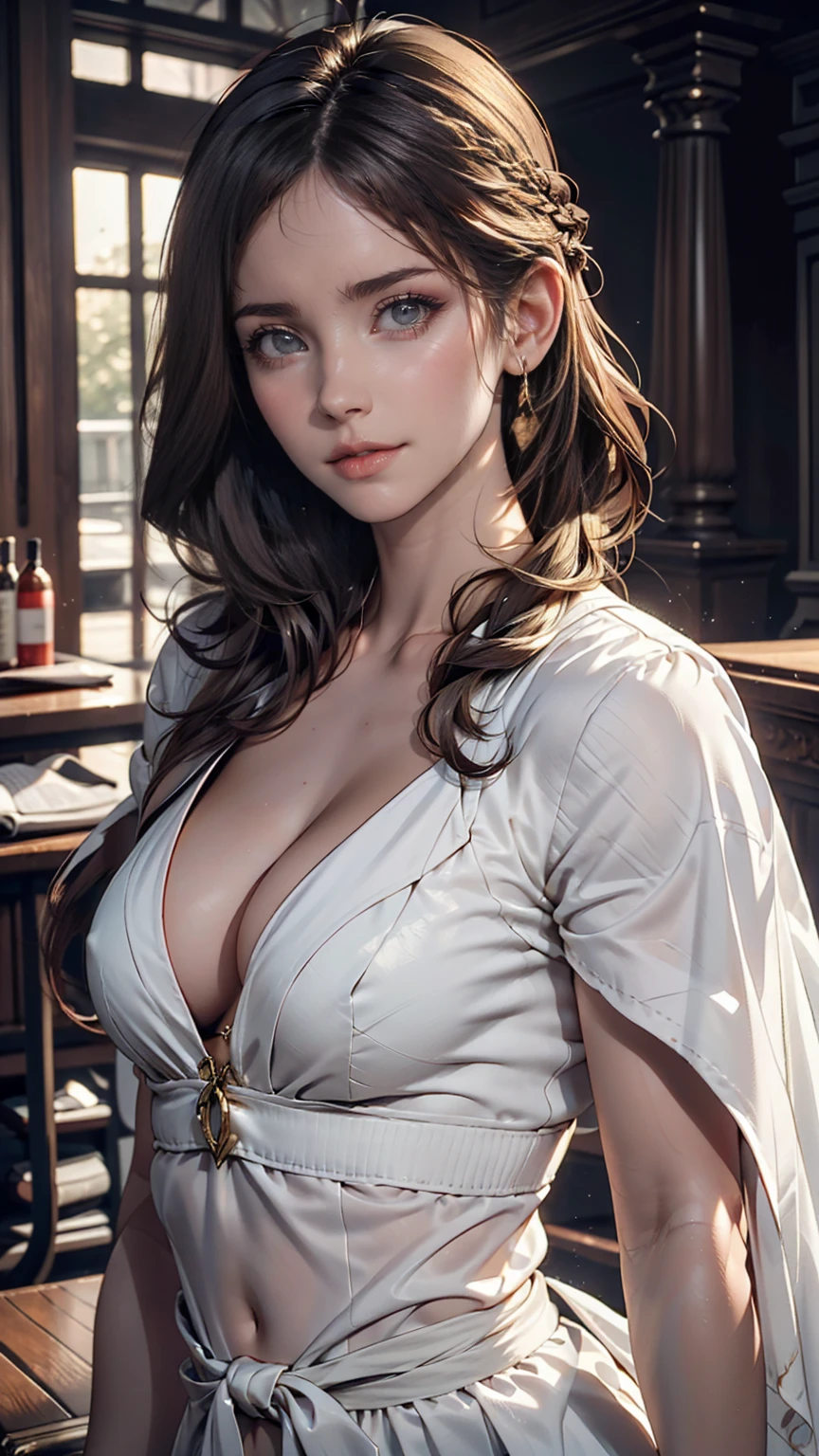 Highest quality, masterpiece,Gray Hair, Golden Eyes,White clothes, look up, Upper Body,hair,Fair skin,Side braid、2 woman、Attractive Young Woman, (Beautiful Face:1.1), Detailed eyes, Seductive lips, (eye make up:1.2), (Medium chest:1.0), (Toned body:1.2), Sexy proportions、Narrow waist