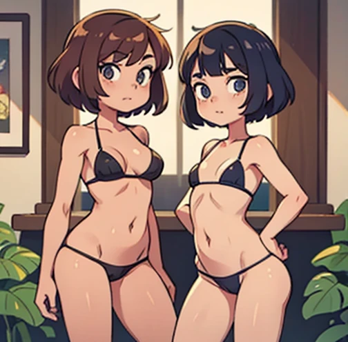Two girls in sexy thong posing short hair