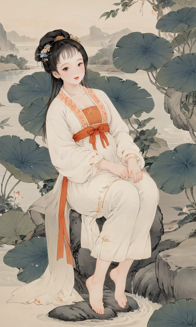 8K, masterpiece, best quality, 2D, (Traditional Chinese ink painting:0.2), (Perfect hands:1.4), stocking，Wearing Hanfu，The stocking on the legs are exposed，River in the background，koyama，Small animals，Fat woman