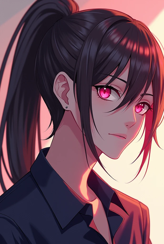 Man with long brown hair in a ponytail, and also dark pink eyes. anime style