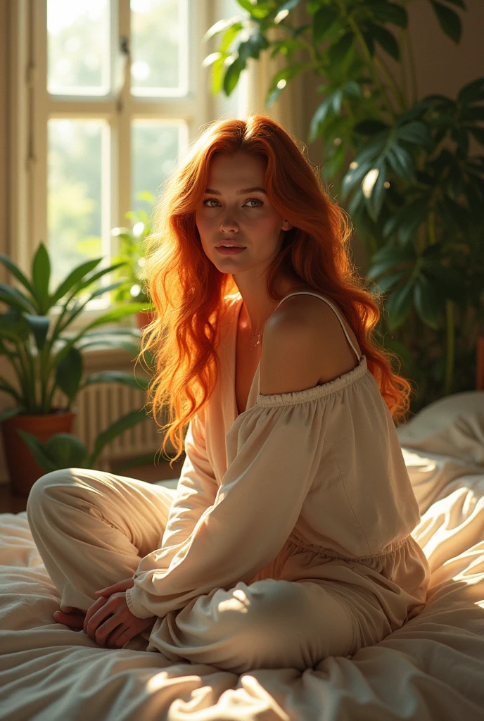 (photorealism:1.2), beautiful woman, sitting on bed, wearing loose off-shoulder top, pajama pants, long curly ginger hair, indoors, soft lighting, lots of plants in background, window with sunlight, cozy room, relaxed pose, realistic, intricate details, warm colors,