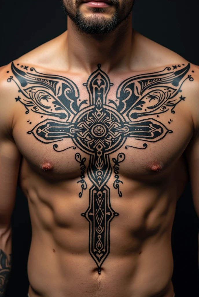 Tribal tattoo with a theme of symbols of Catholicism For the chest another design 
