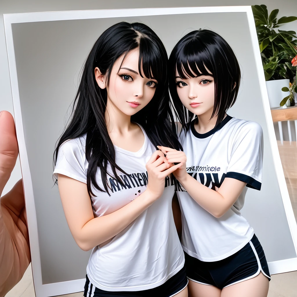 (8K, RAW photo, best quality, masterpiece:1.3),(real,photo:1.37),(Black Hair),posture,1 Girl,Very beautiful face,Lovely,(small),(Put your hands down))),Poggy Hairstyle,Random Expression,(White T-shirt),JK_style,(sports Shorts) ,Black Hair,(1),Humble,Five fingers,Normal hand,small Mouth,Straight Hair