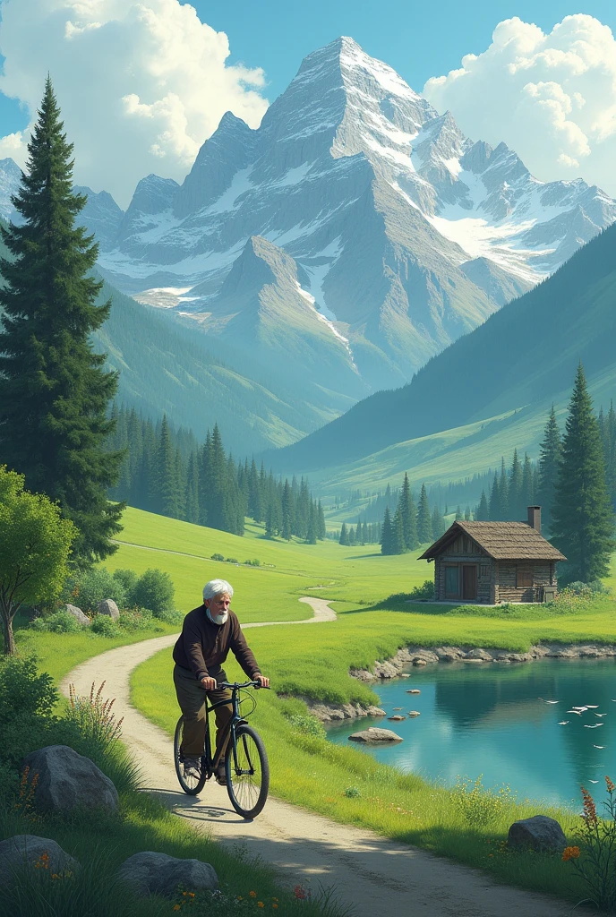 Generate a image of green high mountain and a flat green field beneath those mountains and a small lake and also a small Hut also a road in which a old man riding on cycle 
