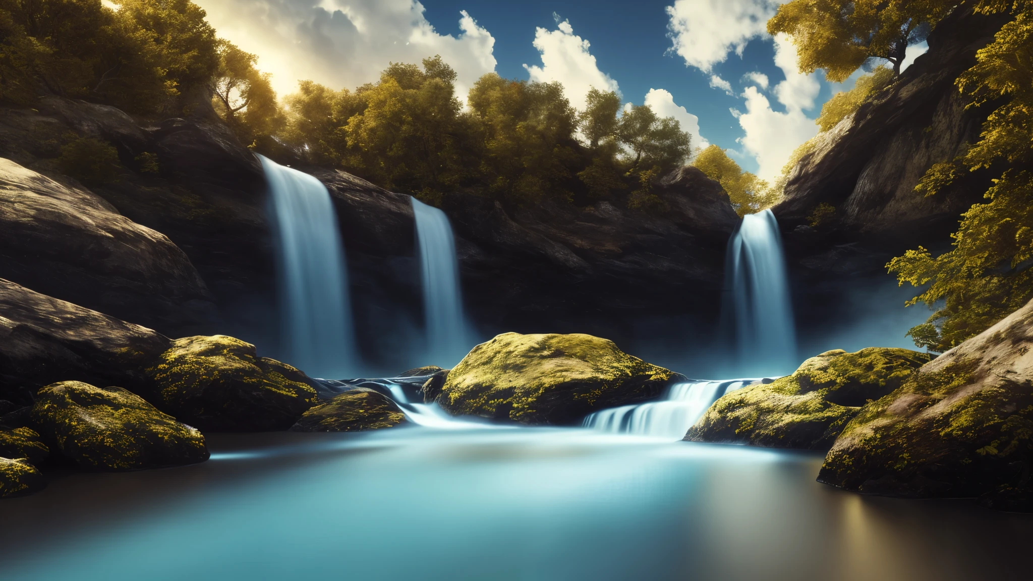 Masterpiece, best quality, high quality, extremely detailed CG unity 8k wallpaper, landscape, outdoor, sky, cloud, sky, no humans, mountain, landscape, water, tree, blue sky, waterfall, cliff, nature, lake, river , cloudy skies, award winning photography, bokeh, depth of field, HDR, bloom, chromatic aberration, photorealism, very detailed, trending on artstation, trending on CGsociety, intricate, style raw, 32K UHD, high detail, dramatic, midjourney art