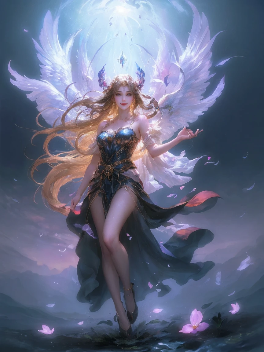 Goddess of harvest,Floating levitation,Vibrant colors,Mysterious atmosphere,Dark background,Glowing eyes,Charming expression,Flowing long hair,Ethereal Beauty,Floating Ghost,Charming temperament,Dynamic poses,Rest with many scattered bright petals,Hidden in the light flowers,Depth of Field,Many flying water drops,Many scattered leaves,Branches ,angle ,Deepen the outline,cinematic angle,