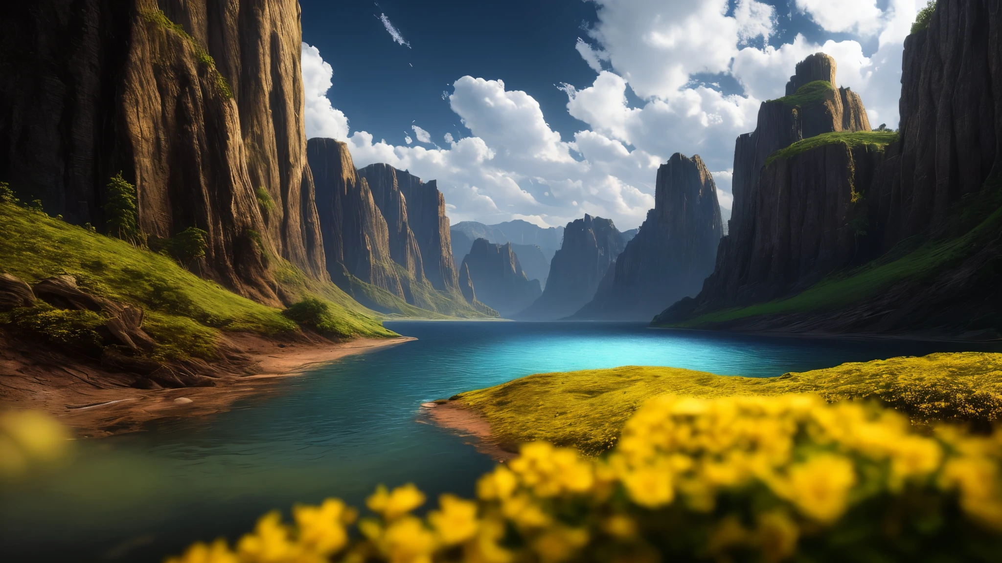 Masterpiece, best quality, high quality, extremely detailed CG unity 8k wallpaper, landscape, outdoor, sky, cloud, sky, no humans, mountain, landscape, water, tree, blue sky, waterfall, cliff, nature, lake, river , cloudy skies, award winning photography, bokeh, depth of field, HDR, bloom, chromatic aberration, photorealism, very detailed, trending on artstation, trending on CGsociety, intricate, style raw, 32K UHD, high detail, dramatic, midjourney art