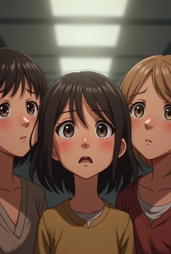 3 girl with short hair style, American nationality with a worried face looking up
