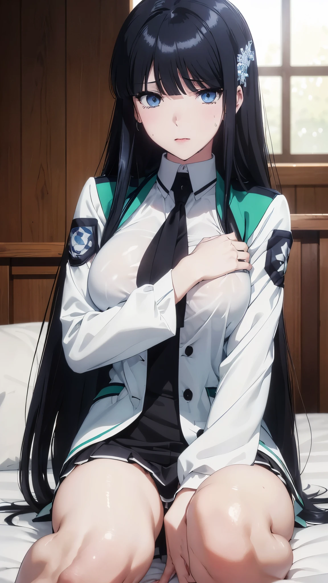1 personの, alone, masterpiece, Highest quality, The Irregular at Magic High School, Miyuki Shiba, Shiba Miyuki, iris, blue eyes, tsurime, eyelash, Black Hair, Long Hair, Hime cut, Straight hair, Blunt bangs, blunt end, Side Lock, hair ornaments, snowflake hair ornaments,High School Uniform, green jacket, cropped jacket, open jacket, Long sleeve, Large Breasts, (masterpiece: 1.3), (Maximum resolution: 1.2), (Ultra High Definition TV: 1.2), Cinematic Light, 8k resolution, Detailed facial features , (Sharp focus: 1.2), (Focus on the face:1.2),Perfect Style, Beautiful Face, Acura, Anatomically correct, Highly detailed face and skin texture, Beautiful Eyes,Beautiful Eyes, Thin eyebrows, Natural Cheeks, Glowing Skin, Fair skin: 1.2, (Glossy Lips: 1.4),、 (Embarrassed look: 1.2),Highly detailed face and skin texture, Natural Cheeks, , Glossy Lips: 1.4,Perfect Style、Cleavage、Soft Breasts、(Semen on chest:1.6)(Cum on thighs 1.5)、 Sperm on tongue、Drenched in sweat、Wet clothes、blush、A humiliating look、Anxious expression、Frightened expression、Embarrassed look、Glare、anger、sorrow、tears、(Open your knees:1.5)、(Spread your legs:1.5)、 White underwear、Disheveled clothes、sweating、Thin underwear、1、 clear, A clean-cut woman,1 person、 Upward-facing chest, Black Hair、blue eyes、Beautiful Eyes、Torn clothing、(masturbation behavior:2.0)、At the bed、(On my back、At the bedLying down、Lying down、White sheets:1.7)、avert your eyes、Straight Long Hair