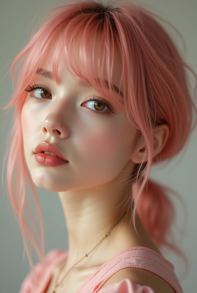 long bangs and wolf cut virgin pink hair with a raccoon tail strand, warm beige skin tone, almond tired brown eyes with long lashes, straight full eyebrows, bridge nose, small long pink lips, v shaped face, height 5’2, weight 43kg, hourglass body, skinny, chest B cup