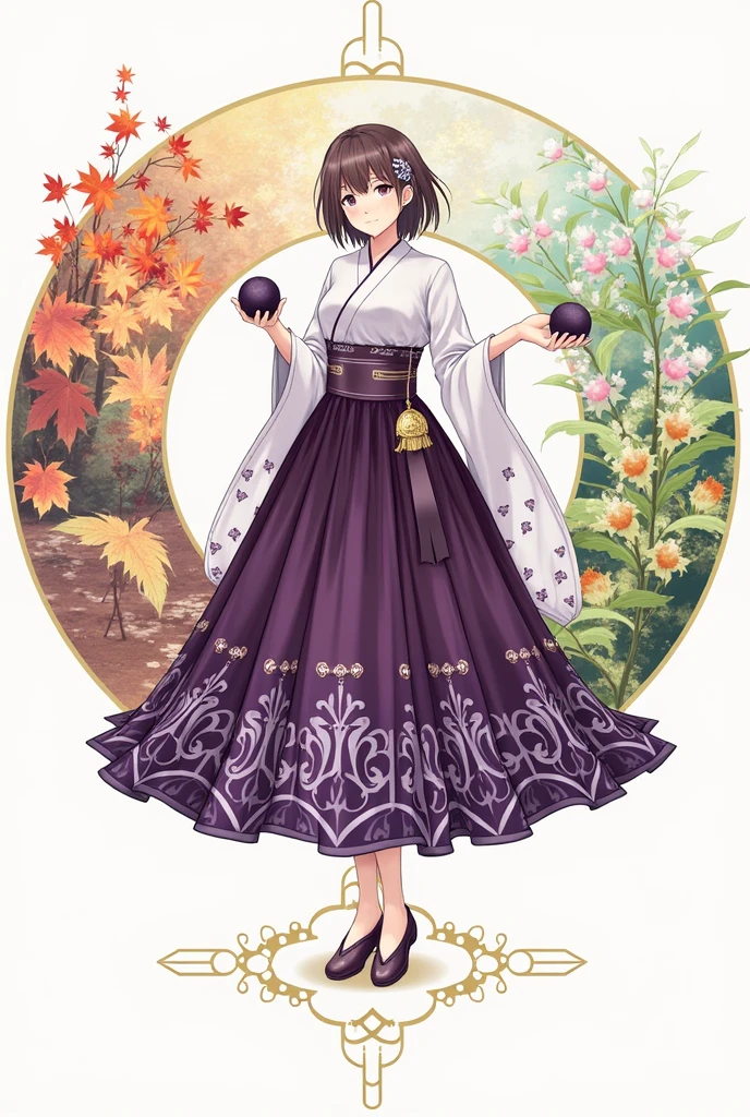 Visually appealing, high-resolution circular design、 The central figure is、The skirt is adorned with an intricate pattern of deep purple with silver accents., This detailed illustration is、It captures an atmosphere reminiscent of the elegance and cultural richness of a bygone era., Add depth to your projects、Holding rice balls in the right and left hands、　The background is diagonally decorated with images of autumn and spring.
