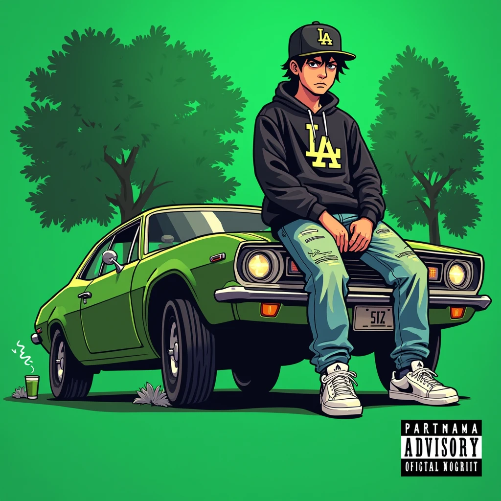 Image of a man sitting on the bonnet of a car, Yoshihiko Wada's album cover, winner of the behance contest, Doodle, official artwork, rap album cover, hip - hop album art cover, colored album art, hip hop music album cover, rap album cover art, official fanart, GTA Cover, hip hop album cover, album art cover, cartoon, Disgruntled Asian Boy, Running car, Green background, green tea, Deep pressed black LA ball cap, white nike shoes, Black LA Hoodie, Baggy jeans worn down