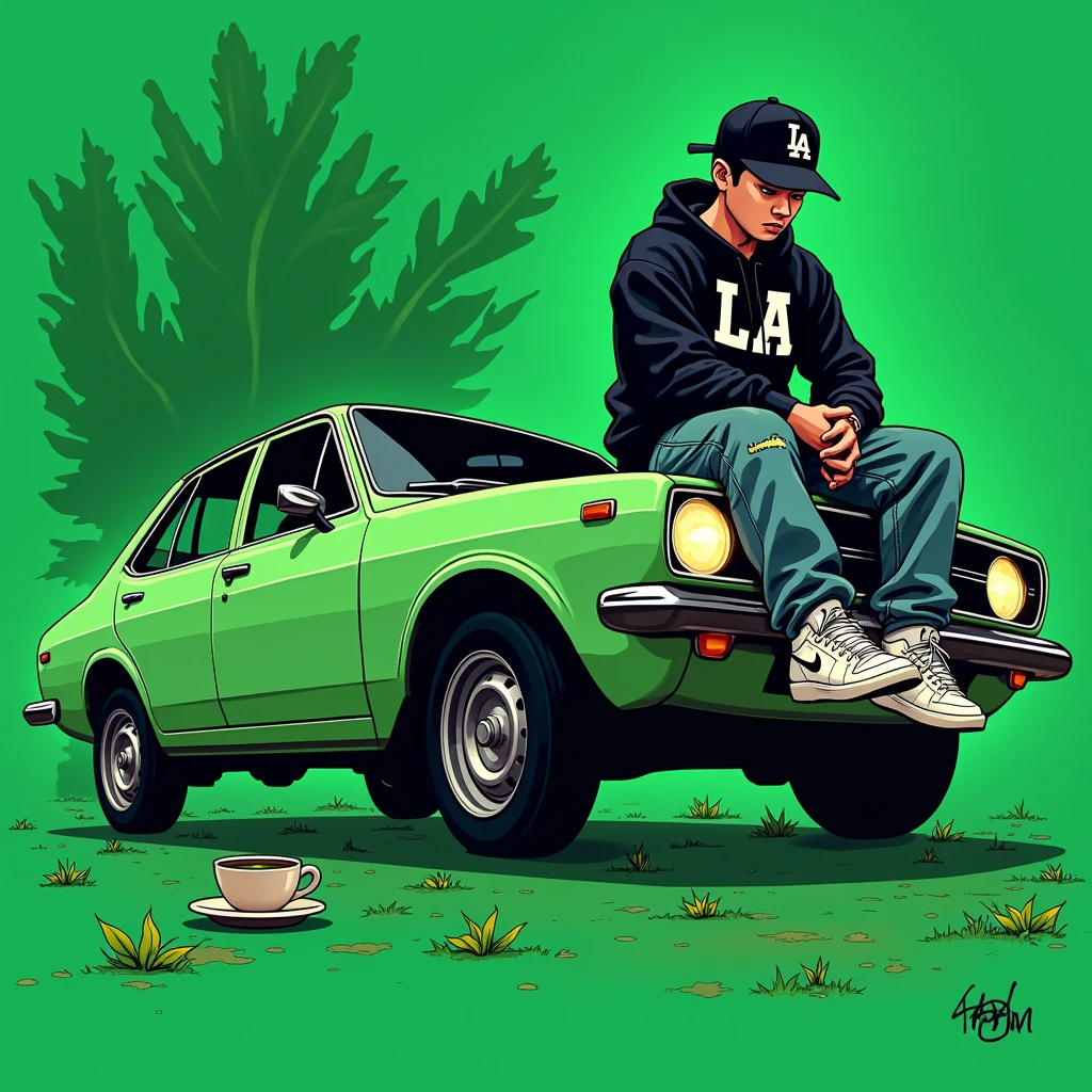 Image of a man sitting on the bonnet of a car, Yoshihiko Wada's album cover, winner of the behance contest, Doodle, official artwork, rap album cover, hip - hop album art cover, colored album art, hip hop music album cover, rap album cover art, official fanart, GTA Cover, hip hop album cover, album art cover, cartoon, Disgruntled Asian Boy, Running car, Green background, green tea, Deep pressed black LA ball cap, white nike shoes, Black LA Hoodie, Baggy jeans worn down