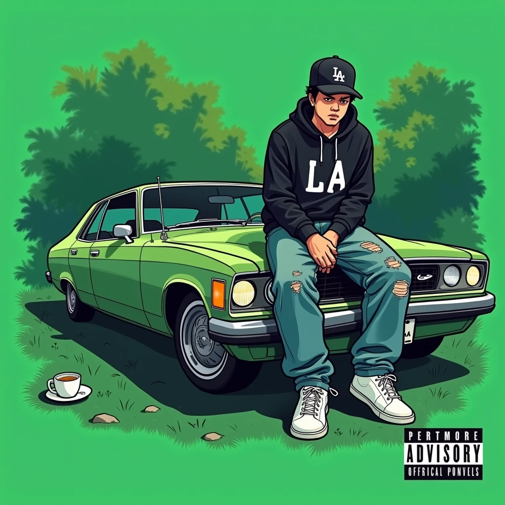 Image of a man sitting on the bonnet of a car, Yoshihiko Wada's album cover, winner of the behance contest, Doodle, official artwork, rap album cover, hip - hop album art cover, colored album art, hip hop music album cover, rap album cover art, official fanart, GTA Cover, hip hop album cover, album art cover, cartoon, Disgruntled Asian Boy, Running car, Green background, green tea, Deep pressed black LA ball cap, white nike shoes, Black LA Hoodie, Baggy jeans worn down