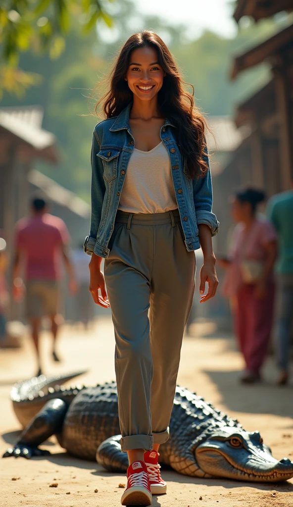 beautiful Indonesian woman, fair skin, big nose, long wavy hair, wearing a denim jacket, long pants, wearing red sneakers, smiling face, walking while carrying a crocodile beside him, aesthetic, on the village road, many people, minimal defects, very detail, epicrealism