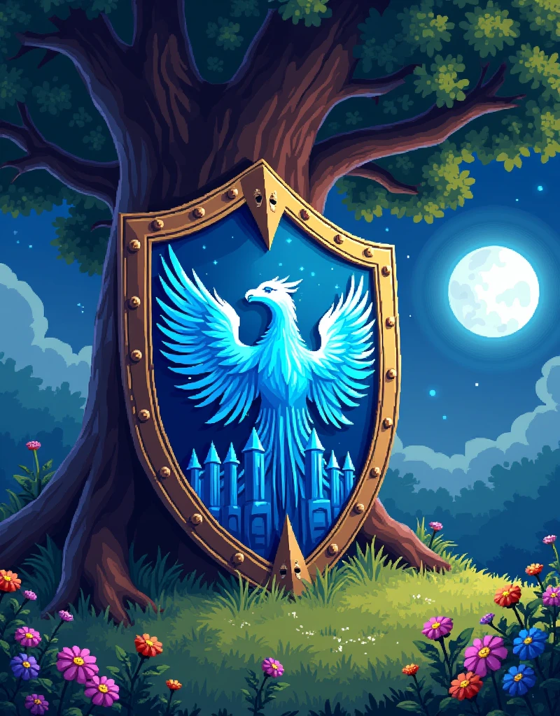 16bit pixel style, close-up of big ornate legendary shield with a light blue fiery phoenix image on it. The shield image also has magic towers. The shield rests below an oak tree on the grassy ground dotted with beautiful flowers, moonlit night.