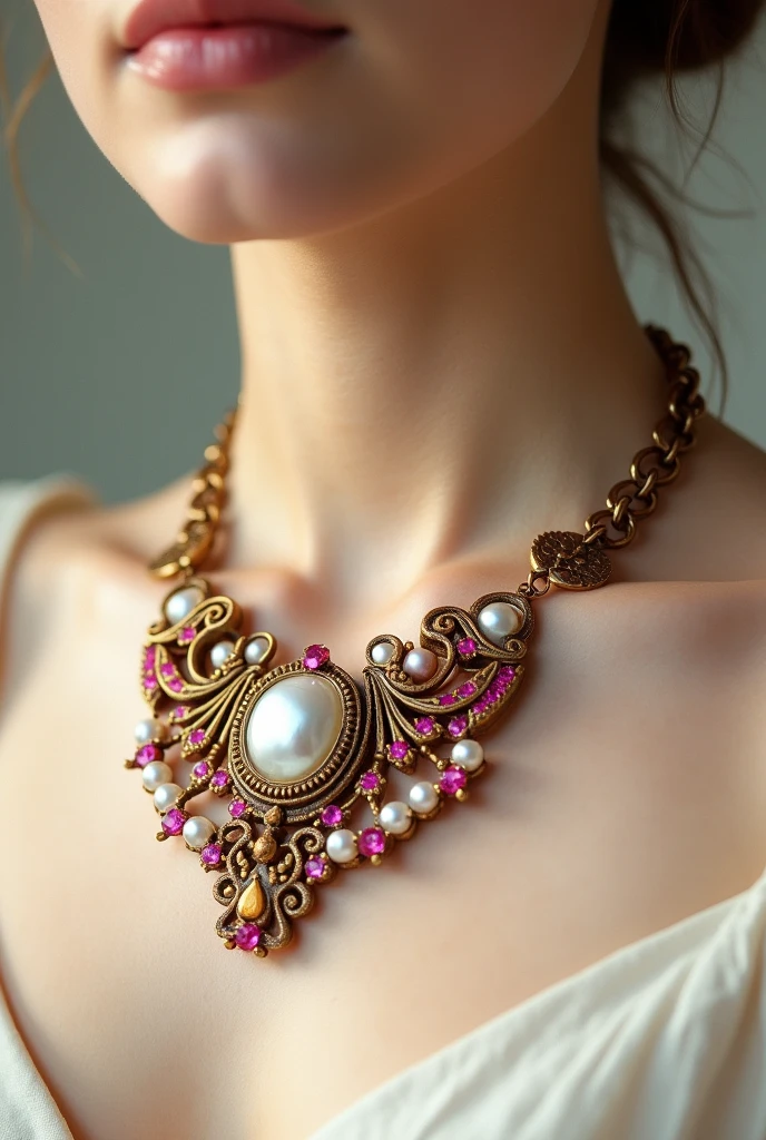 On the table is placed a uniquely designed shel pearl necklace made of brass and ruby ,(choker),4k hd,(Real photographs),work of art, best qualityer