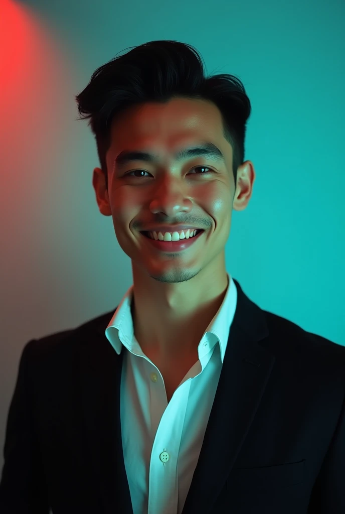 A young man with dark hair and a confident smile. He is dressed in a black blazer over a white shirt. The man is positioned against aqua colour backdrop with a subtle red lighting on the left side. and he posing for Linkedin profile