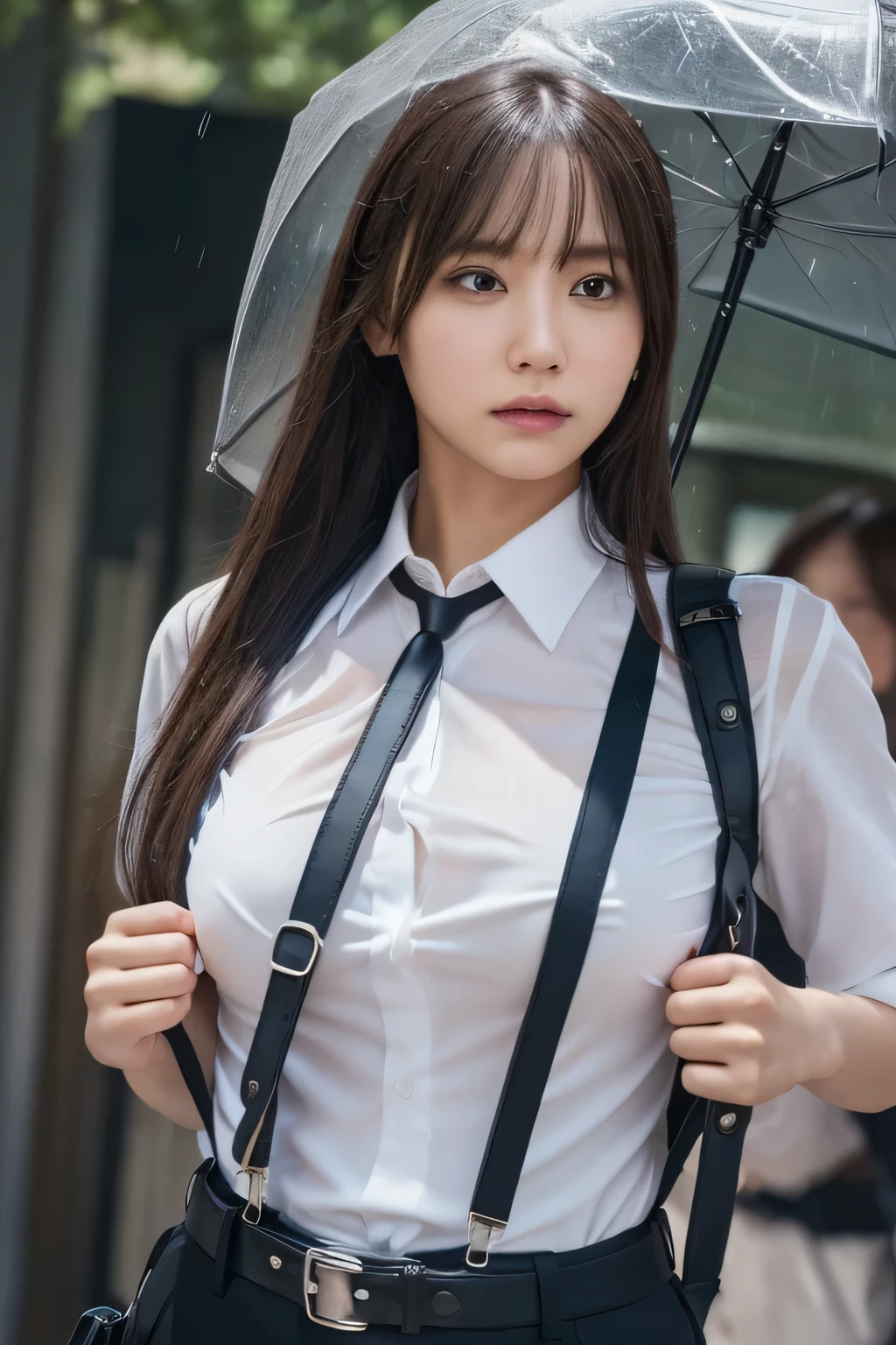 a woman in a suit, belt, hands behind back, sweating, suspenders, black pants, sexly, large breasts, see-through clothing, rain, detective, office worker, white button-up shirt, (best quality,4K,8k,highres,masterpiece:1.2),ultra-detailed,(realistic,photorealistic,photo-realistic:1.37),hyper-detailed,highly detailed face and body, Slender thin suspenders Moderate breasts See-through shirt Nipples holster chain Pistol Armament criminal Female criminal knife