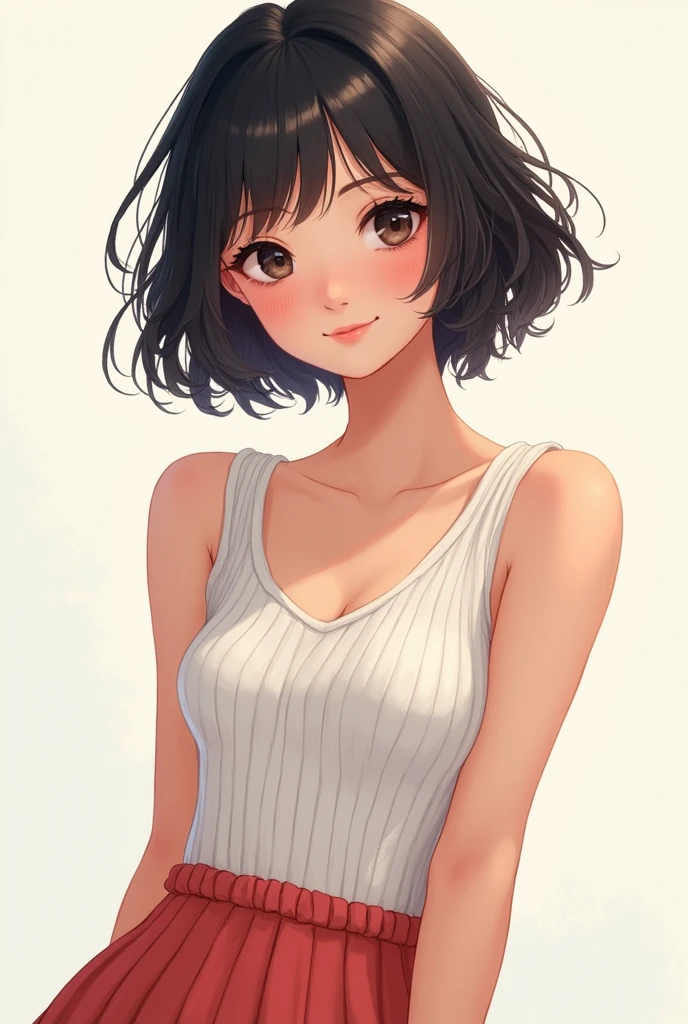 Black eyes, white knit, sleeveless, flared skirt, short hair, smiling