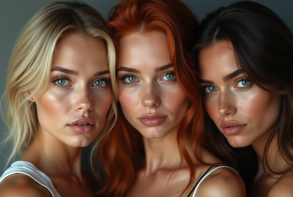 Very beautiful blonde and red-haired women、Brunette woman、Staring at the camera with moist eyes、