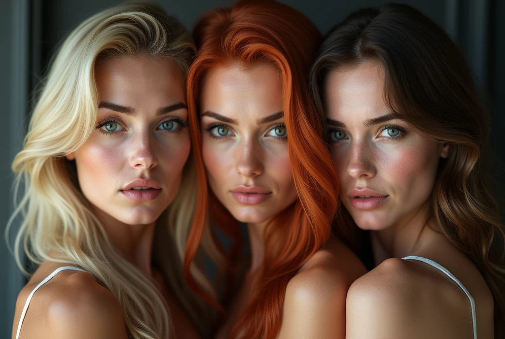 Very beautiful blonde and red-haired women、Brunette woman、Staring at the camera with moist eyes、