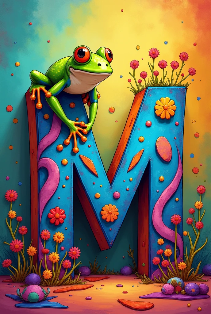Decorate an m with a frog and lots of color