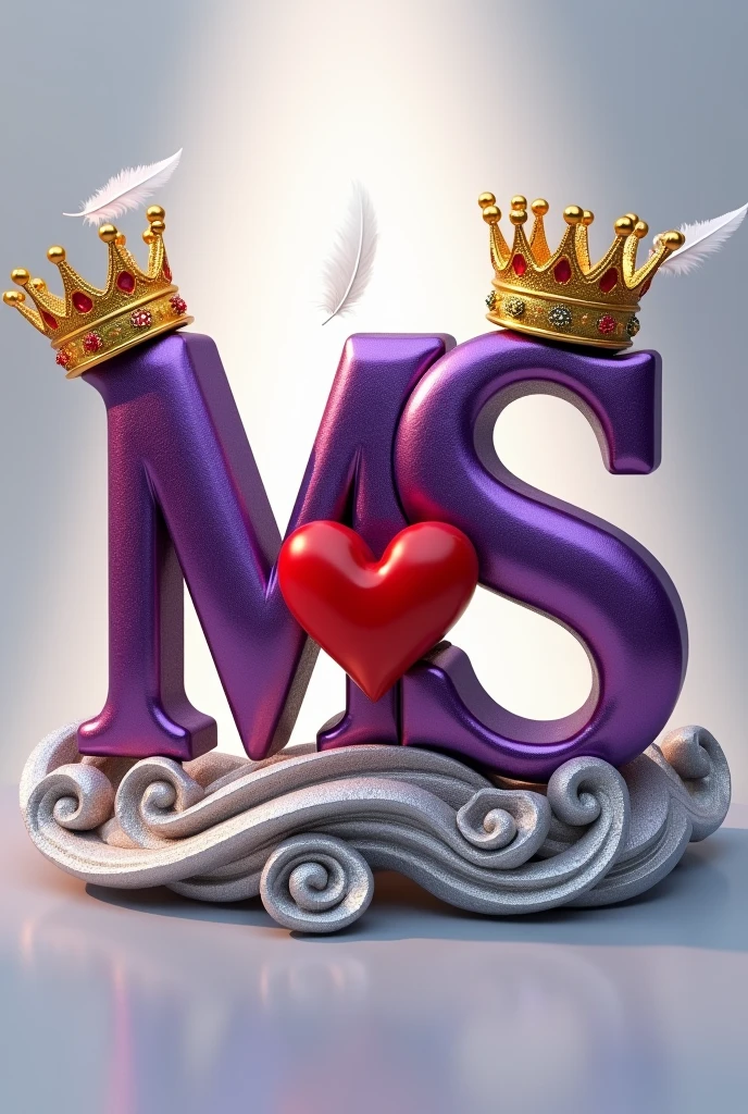 A 3d render of the two capital letters "M" and "S" in a purple and gold metallic font with golden British crowns above both letters and a white feather , with a light shine behind the word, and a silver swirl underneath. A red heart between both letters, The background is a light gray.