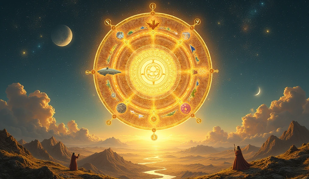 Visualize a vast symbolic landscape that blends cosmic and spiritual elements. In the center of the image, place a large golden circle representing the cycle of life and constant renewal. Within this circle, place the most diverse numbers (0 to 9) in a harmonious arrangement, each radiating a unique light that reflects its characteristics and meanings. Surround the circle, include symbolic images associated with each number: a guardian protecting a torch (number 0), a leader with a futuristic vision (number 1), an architect with plans and structures (number 4), an explorer in a jungle (number 5), a healer with healing hands (number 6), a seeker meditating in a starry field (number 7), a lord of destiny with a scale (number 8), and a creator of realities with a sacred triangle (number 3).
Add a glowing aura around each symbol and number, creating a light effect that conveys hope and clarity. Include a starry sky and a crescent or full moon to represent lunar cycles and spiritual connection. In the background, insert an ethereal landscape that blends natural and cosmic elements, symbolizing the interconnection between the material and spiritual worlds. Finally, insert an inspired message at the bottom of the image: ‘You are the architect of your own path, shaping the future with courage and hope.’