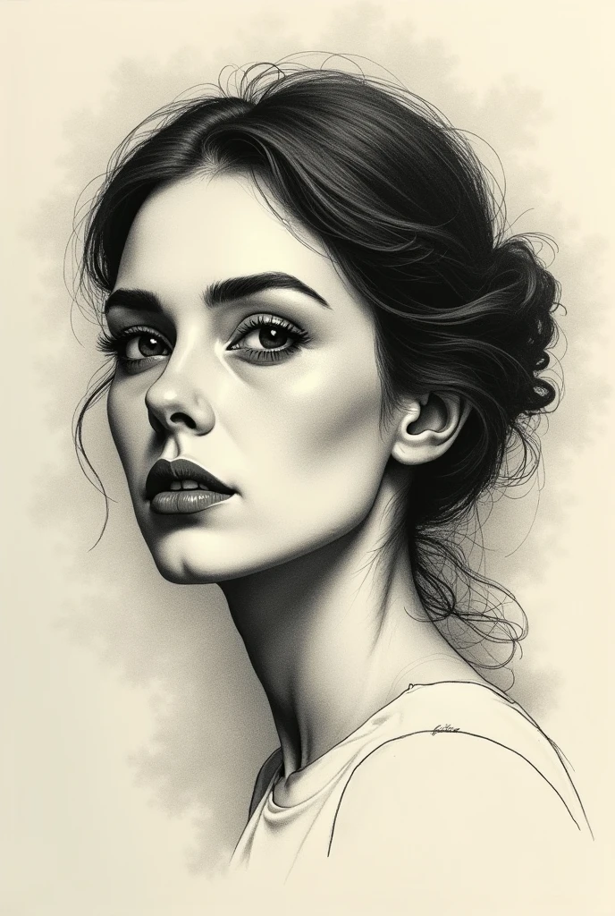 A stunning freehand sketch of a woman's portrait, masterfully rendered in conté crayon and charcoal. The subject has a thoughtful expression, the head tilted slightly, and his gaze lost in contemplation. The low contrast, faded appearance gives the portrait a nostalgic feel, with clear, blurred lines that look like they've been smudged with a finger. The subtle play of shadows and light adds depth to the sketch., showing the artist's exceptional mastery of the technique., painting-like, illustration, hand with pencil sketching , and filling empty area ,between chin and lips