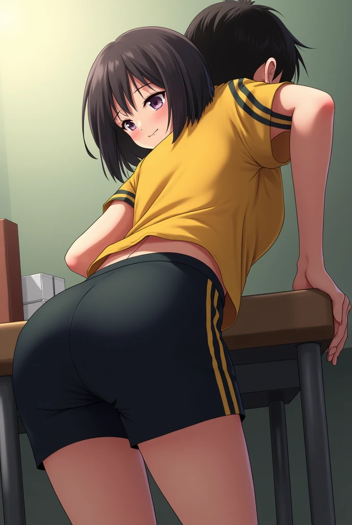 It generates an image of a girl with short hair that reaches her shoulders and a yellow shirt with black stripes on the short sleeves of the uniform with black physical education shorts and she bends down and looks at herself from behind very sexy seen from behind with her black shorts made of synthetic material with yellow stripes on the sides, a big ass seen from behind picking up a book looking down with her head forward and a boy looks at her sexily from behind watching her picking up her books and the boy squeezes her buttock and the girl gets excited and looks at him blushing and puts her butt on his crotch sexily while smiling mischievously