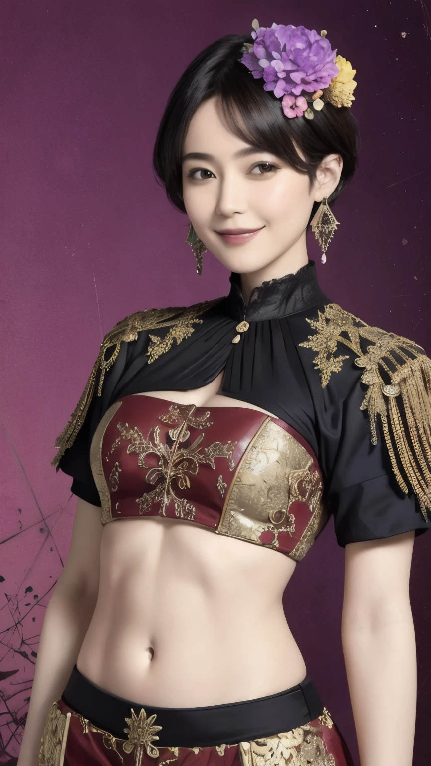 276 (20-year-old woman and man,Short Hair), Are standing, (aesthetic:1.1), (Fractal Art:1.2), (Luxury Background), (Many colors:1.4), (Archaic Smile), Abdominal muscles, flower