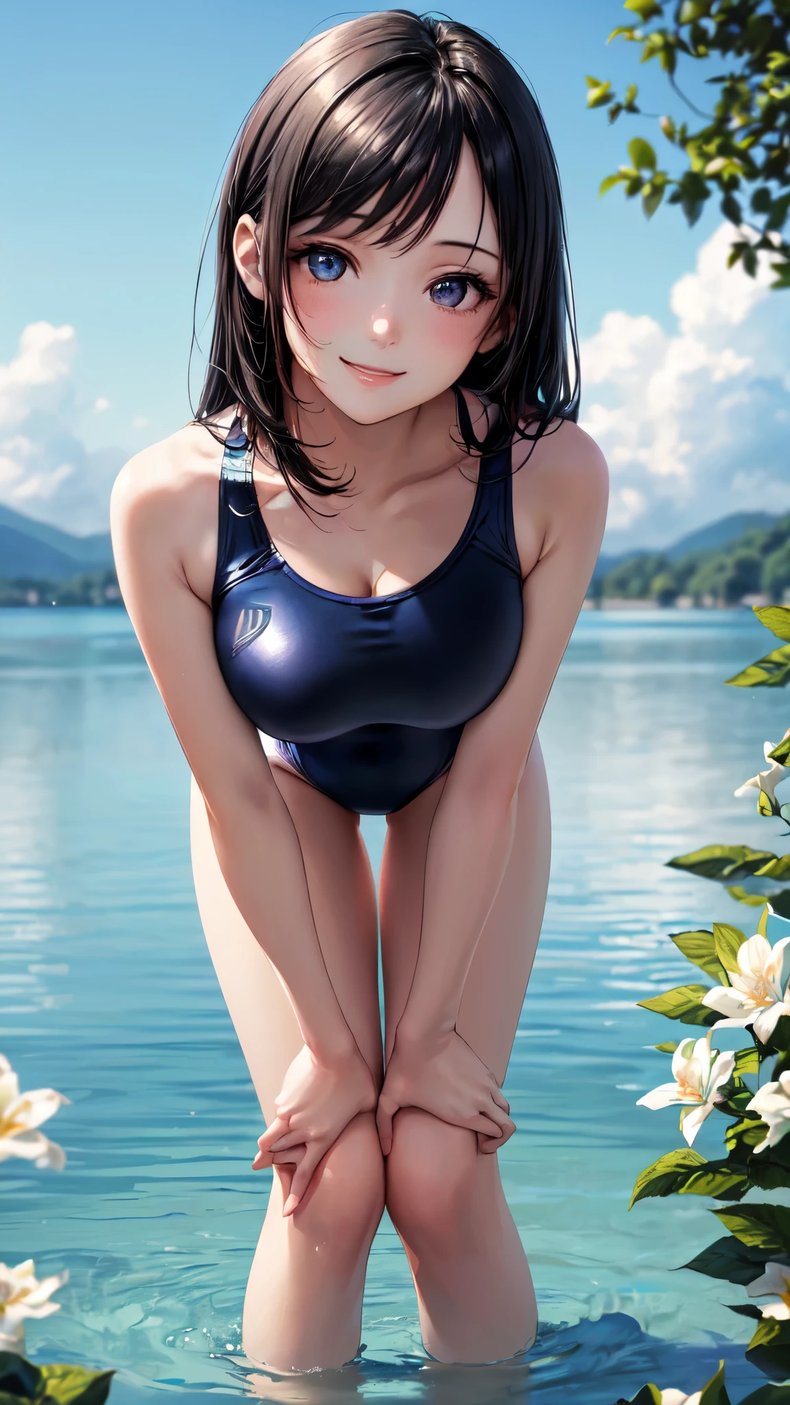 ((masterpiece,best quality,ultra detailed,high resolution)),(daytime,clear weather,bloom),looking viewer,((solo,beautiful-girl)),(black hair),(beautiful detailed face,beautiful detailed eyes),(finely detailed skin,fair skin),slender,smile,(competition swimsuit),(on the beautiful lake,beautiful sky),medium breast,medium hip,leaning forward,hands on knees,