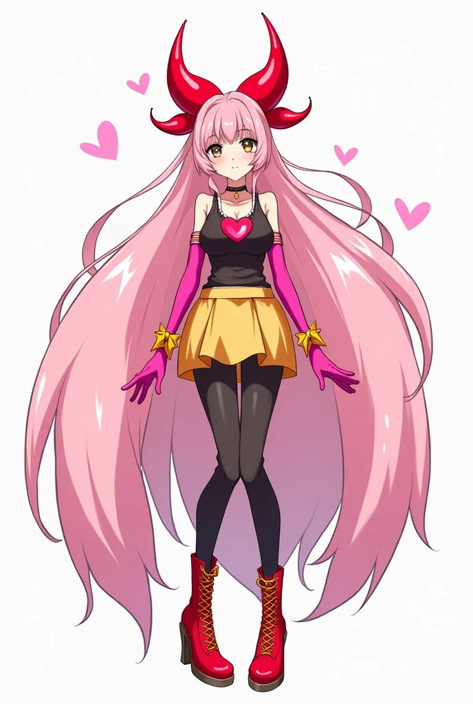 tall girl . asian features , long pink fur . With a red bow shaped like horns, black top with a heart necklace , long fuchsia gloves . With yellow spiked bracelets. Golden skirt with yellow . black stockings , Red shoes with orange laces Anime style