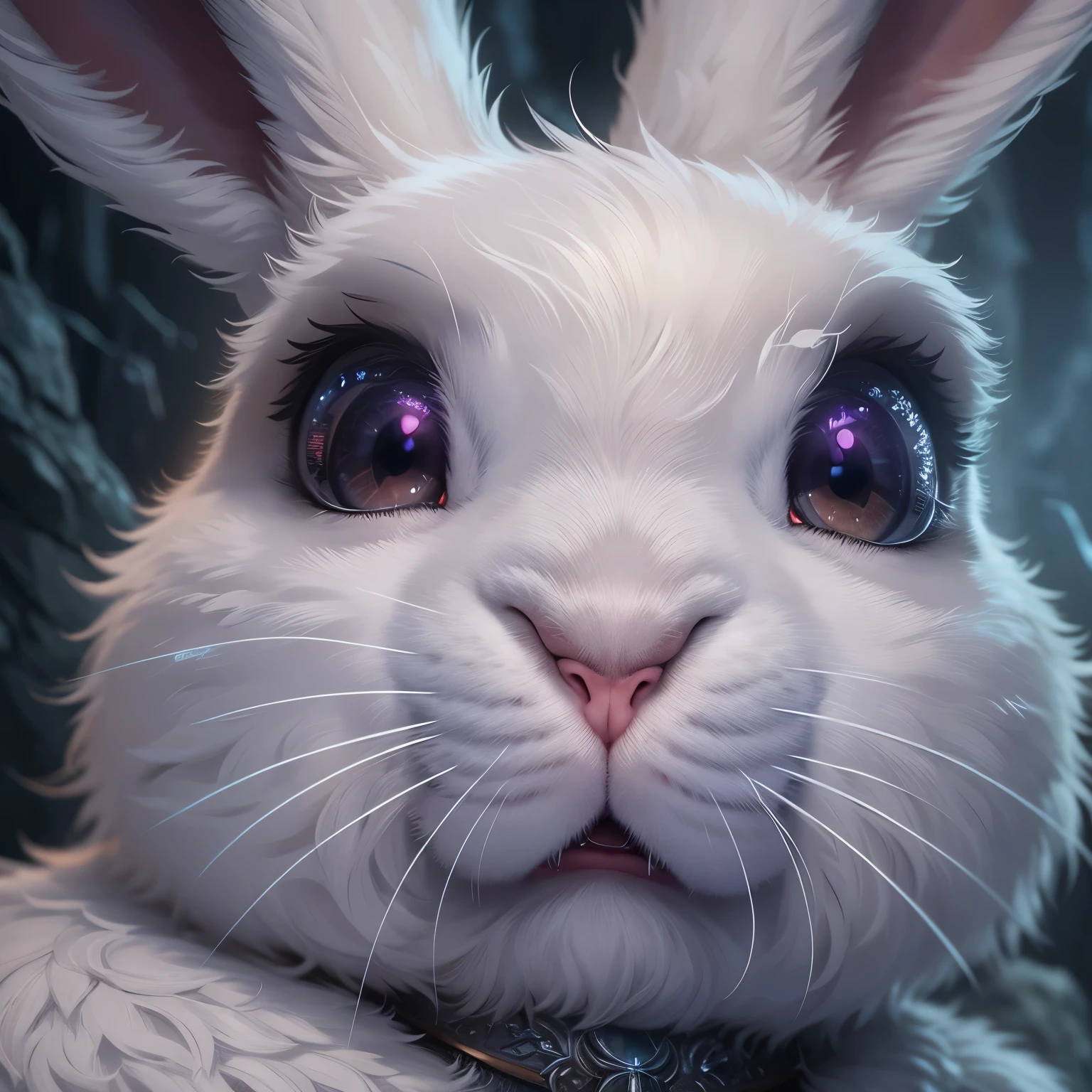 a cute but evil looking female white bunny, detailed bunny face, piercing eyes, sharp fangs, fluffy white fur, mischievous expression, detailed intricate patterns, fantasy, dark fantasy, digital art, highly detailed, 8k, photorealistic, cinematic lighting, dramatic shadows, moody atmosphere