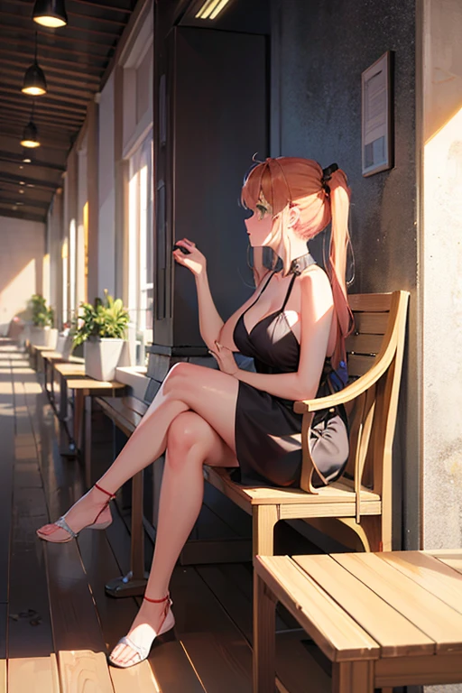 ((Best Quality)), ((masterpiece)), (detailed), 1 girl, with yellow evening dress, green eyes, red pigtails hair, 21 years, , wide hip,sitting, crossed legs, neckline,((Whole body)),((left profile view))