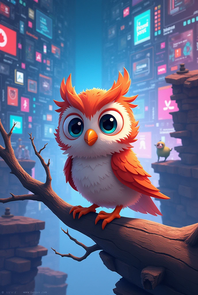 Create an illustration based on this paragraph :
At the heart of a bustling digital universe, where the boundaries between the virtual and real worlds are blurred, Duolingo Owl, affectionately known as Duo, He was on a special mission. Across various platforms and media, Duo didn't just teach languages, but also connected stories and adventures in an unparalleled transmedia journey..