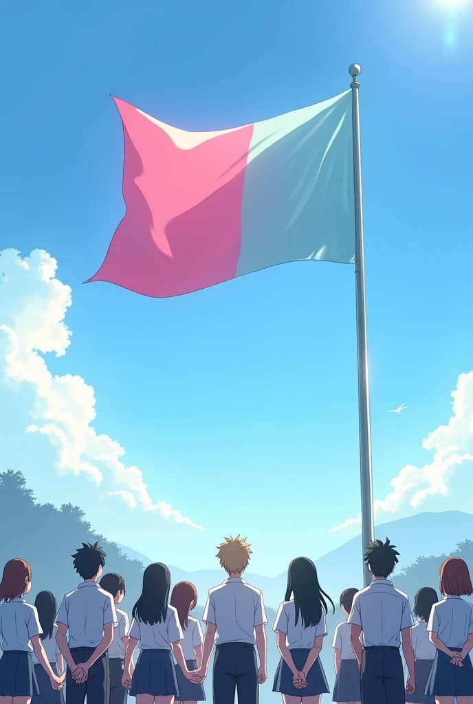A landscape of 20 students wearing uniform, facing their back, holding hands, and looking up to a pink and blue flag. Square size