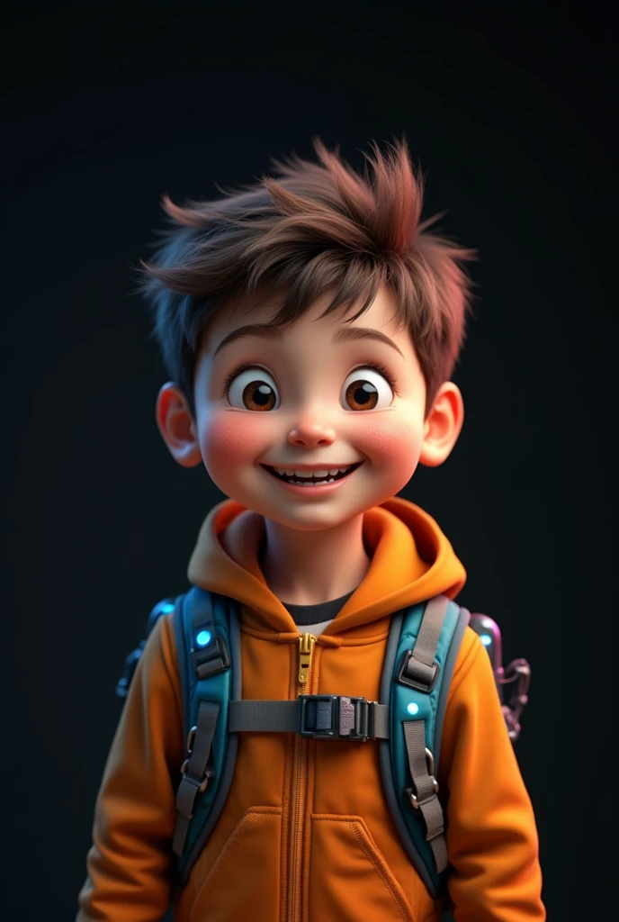 Creat an image of character,A fun-loving and slightly clumsy young boy who always wants to try new things,realistic,real life,sci Fi,4k,soft skin,black background, attractive to childrens