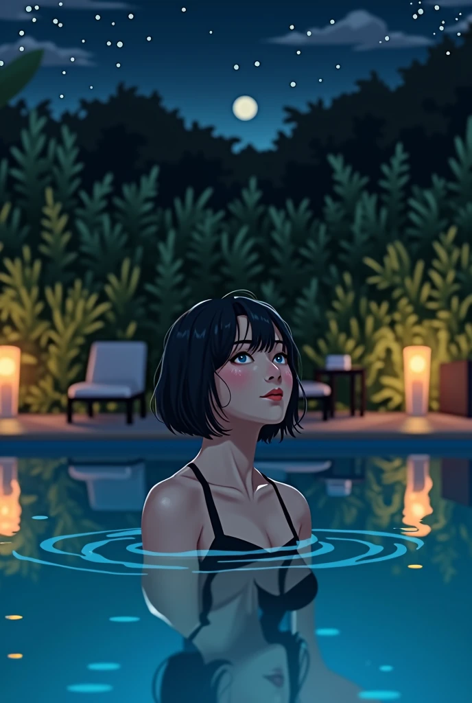 Short bob at the night pool