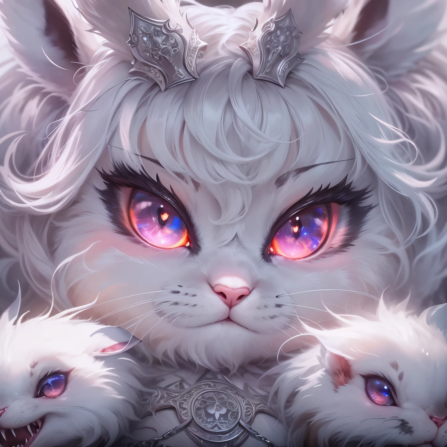 a cute but evil looking female white bunny, detailed bunny face, piercing eyes, sharp fangs, fluffy white fur, mischievous expression, detailed intricate patterns, fantasy, dark fantasy, digital art, highly detailed, 8k, photorealistic, cinematic lighting, dramatic shadows, moody atmosphere