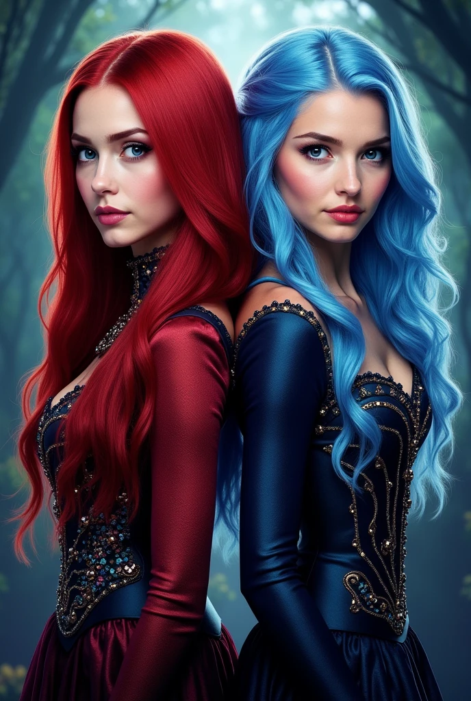 In the new Descendants movie, has two protagonists. Red, the daughter of the queen of hearts and Chloe, Cinderella's daughter. make a cover with them, exactly as portrayed in the film, of the clothes, between the hair and details contained in the character. Chloe has curly, light blue hair., already Red, straight red hair