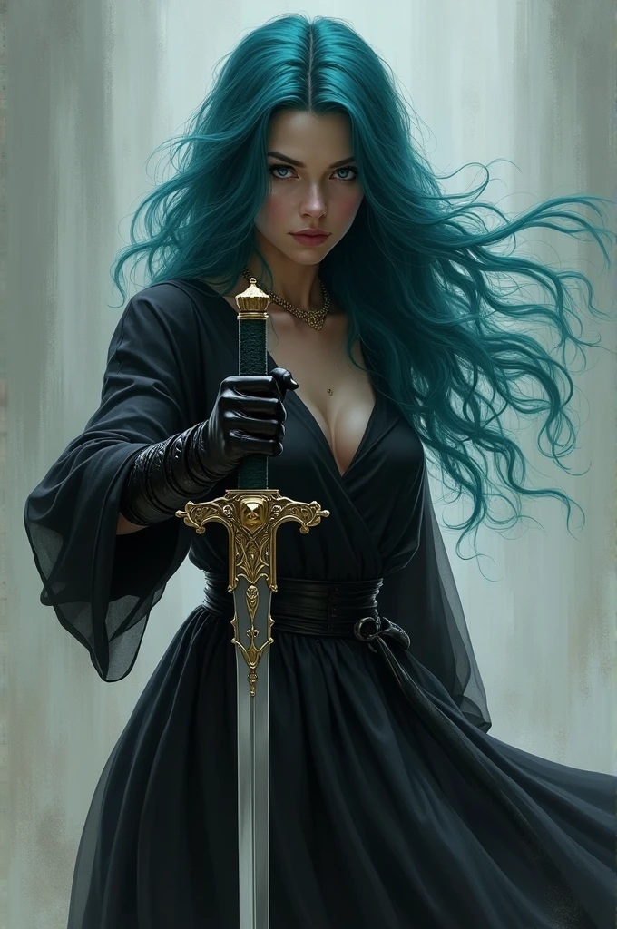 Woman with blue-green hair, Wavy shoulder Leigh , holding an epée, black loose clothes