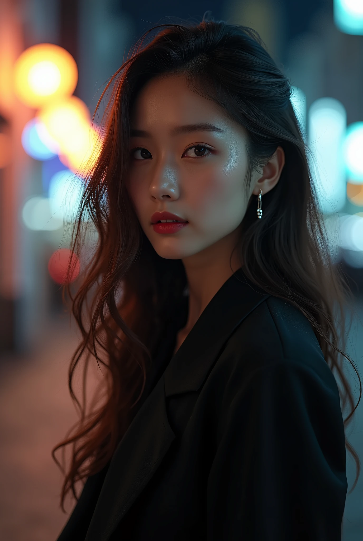(Cinematic Aesthetic:1.4) Photo of a beautiful korean fashion model bokeh city night