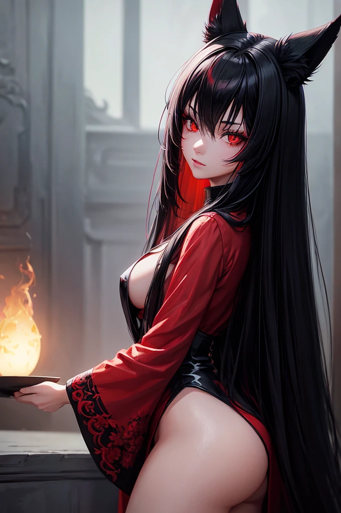 beautiful girl with long black hair, red eyes, black fox ears and a black fox tail, wearing a black and red dress, hyperrealistic, highly detailed, 8k, photorealistic, intricate, cinematic lighting, dramatic lighting, moody atmosphere, warm color palette, cinematic pose, elegant, mystical, magical, fanciful, ethereal, fantasy art, dark fantasy