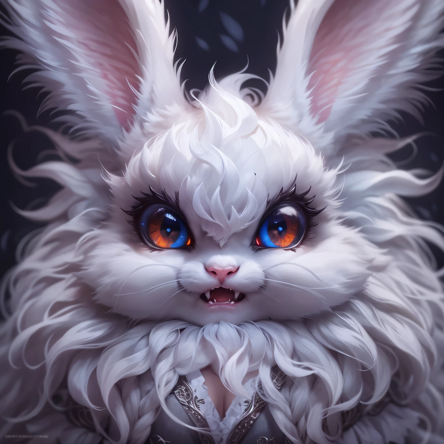 a cute but evil looking female white bunny, detailed bunny face, piercing eyes, sharp fangs, fluffy white fur, mischievous expression, detailed intricate patterns, fantasy, dark fantasy, digital art, highly detailed, 8k, photorealistic, cinematic lighting, dramatic shadows, moody atmosphere