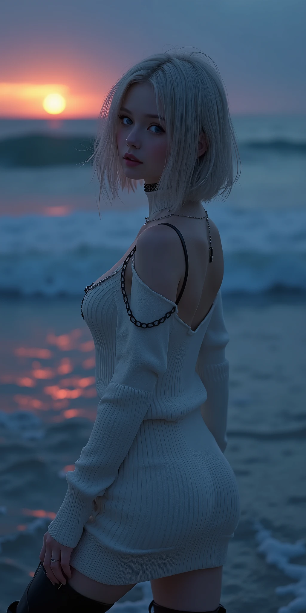(best quality, ultra-detailed, photorealistic: 1.39), bright and vibrant colors, studio lighting, romantic expression, An effeminate girl, with a delicate and beautiful face. Beautiful and adult woman with her straight loose blonder gothic style short hair matches the gothic makeup, her dark blue eyes and mischievous smile, with her large seductive breasts, cleavage, dark style, Turtleneck sweater, white wool, sleeveless, beautiful sweater dress, pose from behind, looking back, with beautiful legs, ankle boots, dark makeup. She have a horny face, like a manwha character, chain details, in the living in the beautiful sea, waves, sunset just perfect, night with soft lighting, dark gothic lighting, black boots, seductive cleavage, manga style, anime features manga style, fully body , she is in love, like a manwha character style